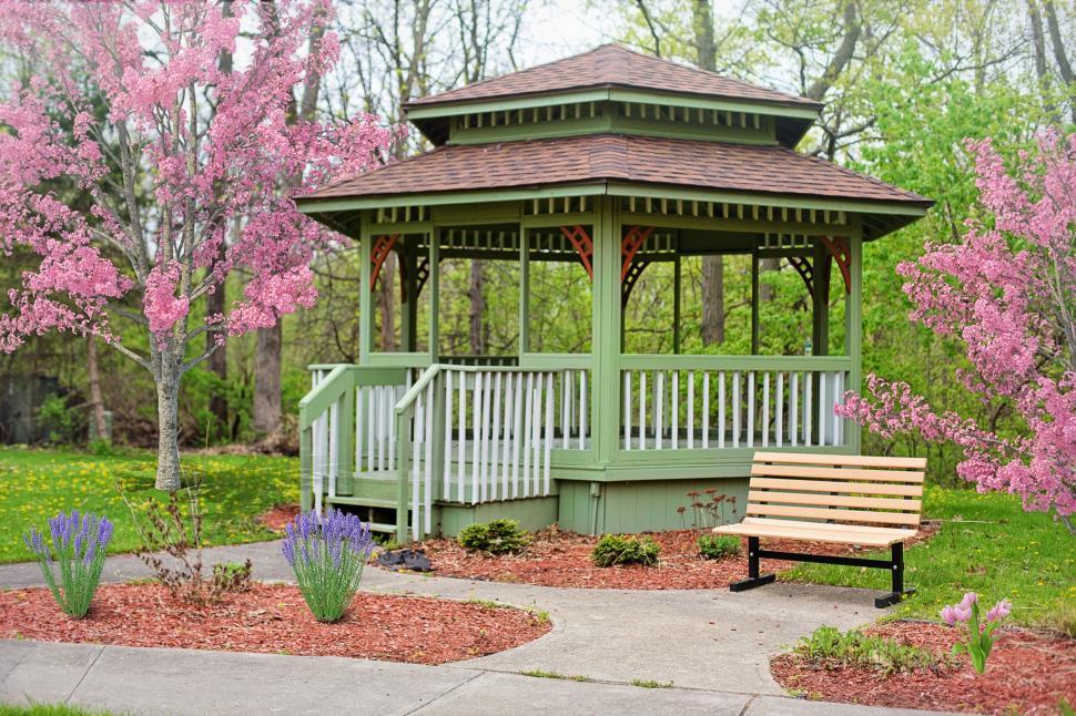 Free Stock Photo of Gazebo and Flowering Trees in Garden | Download Free  Images and Free Illustrations