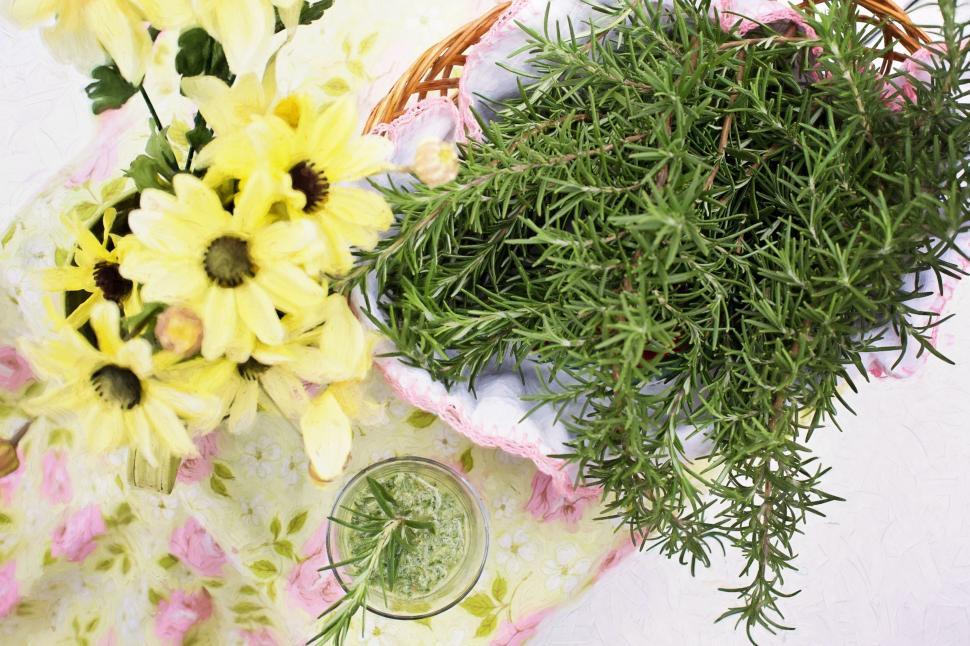 Free Image of Flowers and Rosemary leaves 