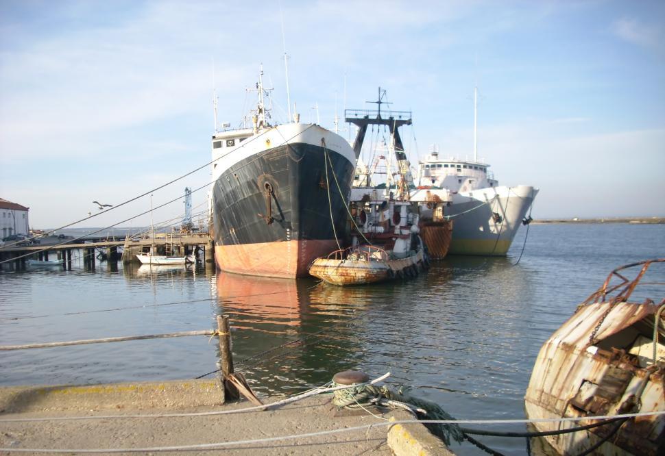 Free Image of Large ships at the dock cloudy sky in the background 
