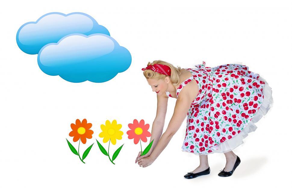 Free Image of Young Woman picking flowers on white background - Illustration 
