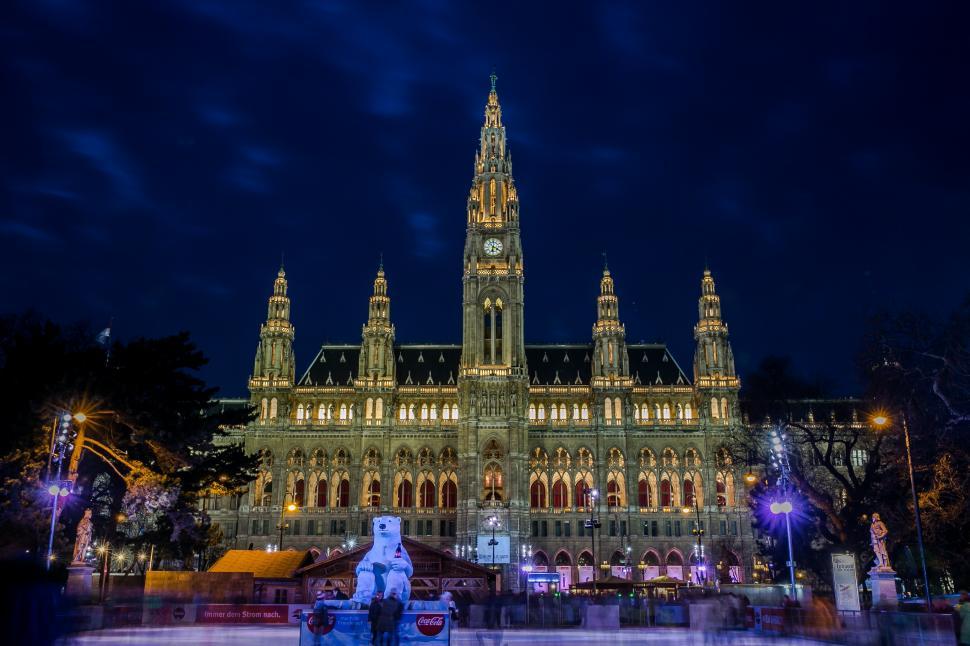 Free Stock Photo of Night View of Town hall from ice skating rink in ...