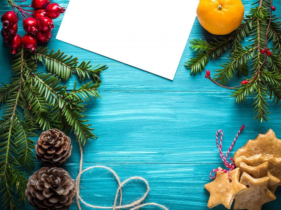Free Image of Overhead view of Christmas decoration items 