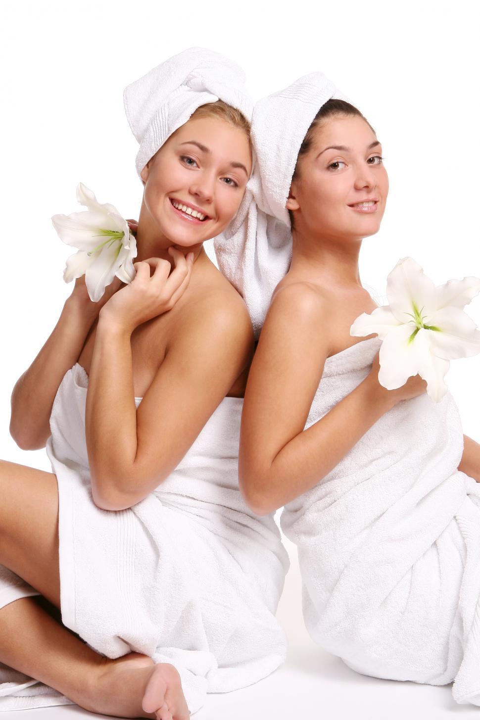 Two women in towels during spa day