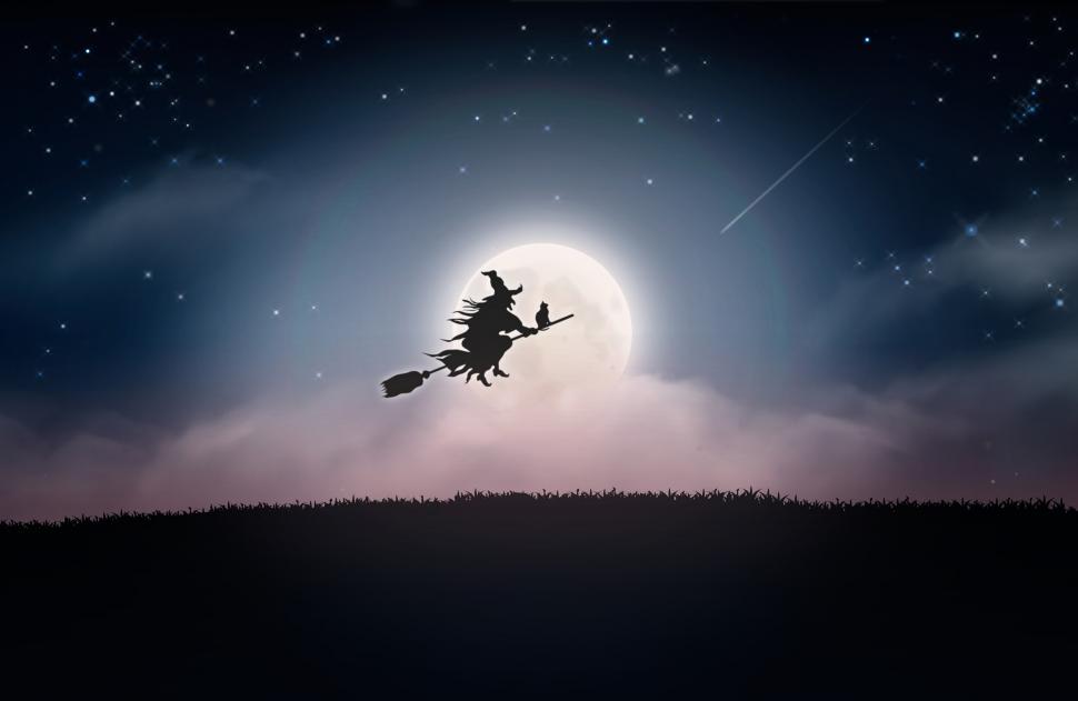 Free Stock Photo of Witch Flying at Night Over the Moon