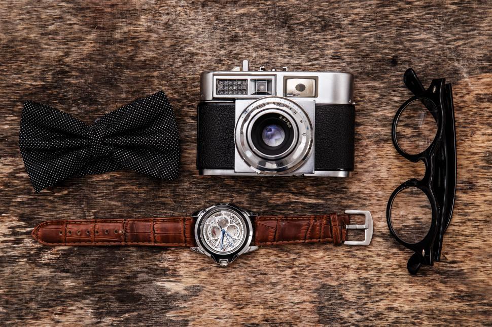 Free Stock Photo of Retro camera, watch and bow tie arrangement ...