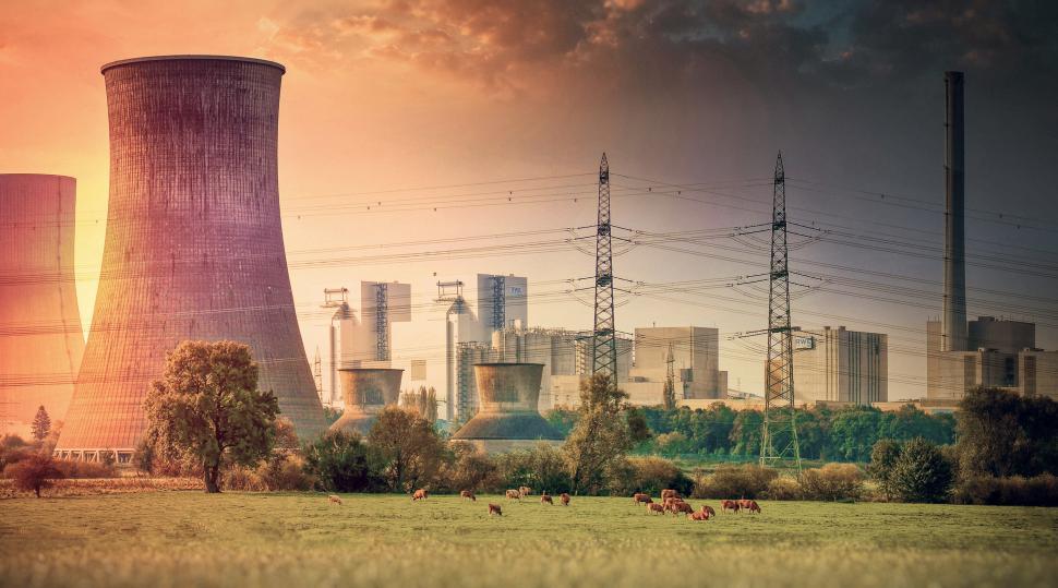 Free Image of Industrial Landscape - Power Plant with Cows Grazing Nearby 