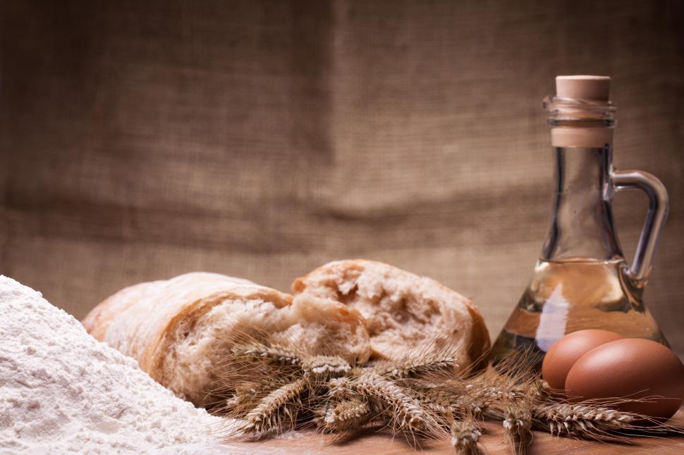 Free Stock Photo of Bread and baking ingredients on wooden table ...