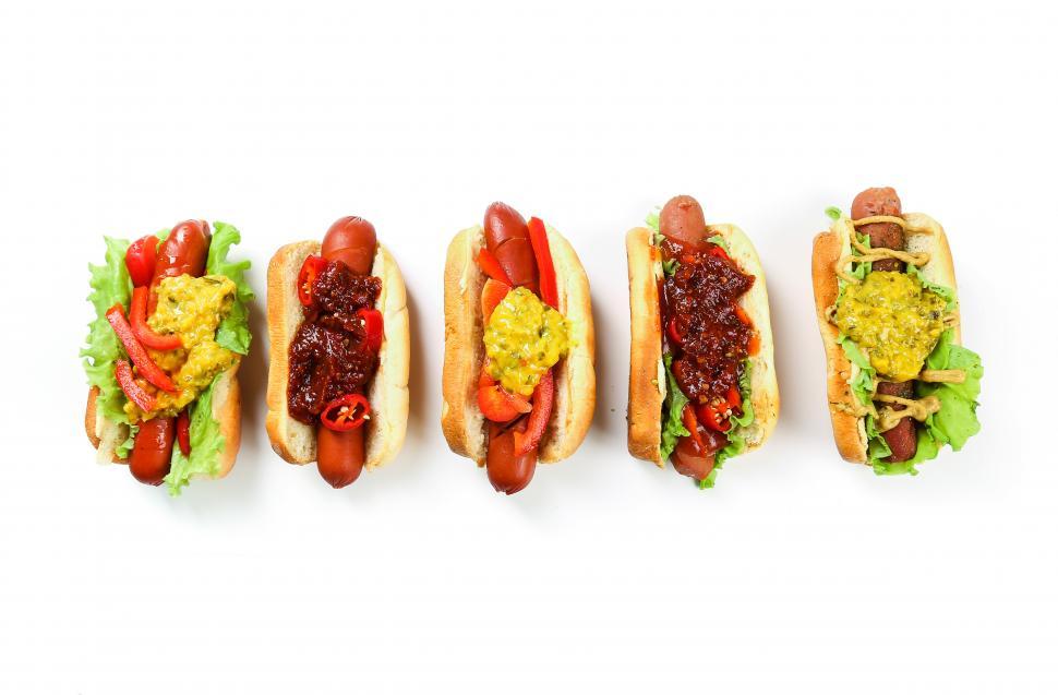 Free Stock Photo of A variety of gourmet hot dogs in a row