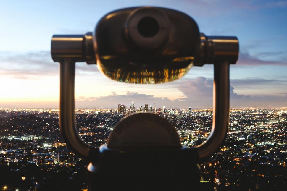 Free Stock Photo of Sightseeing Telescope with city during sunset ...