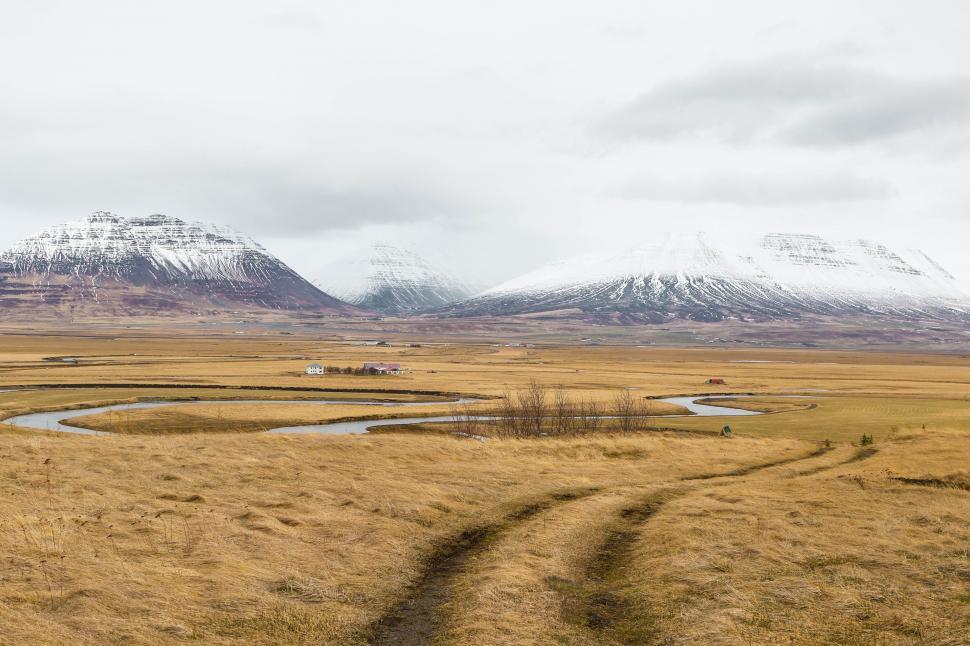 Free Image of Meadow and snow mountains 