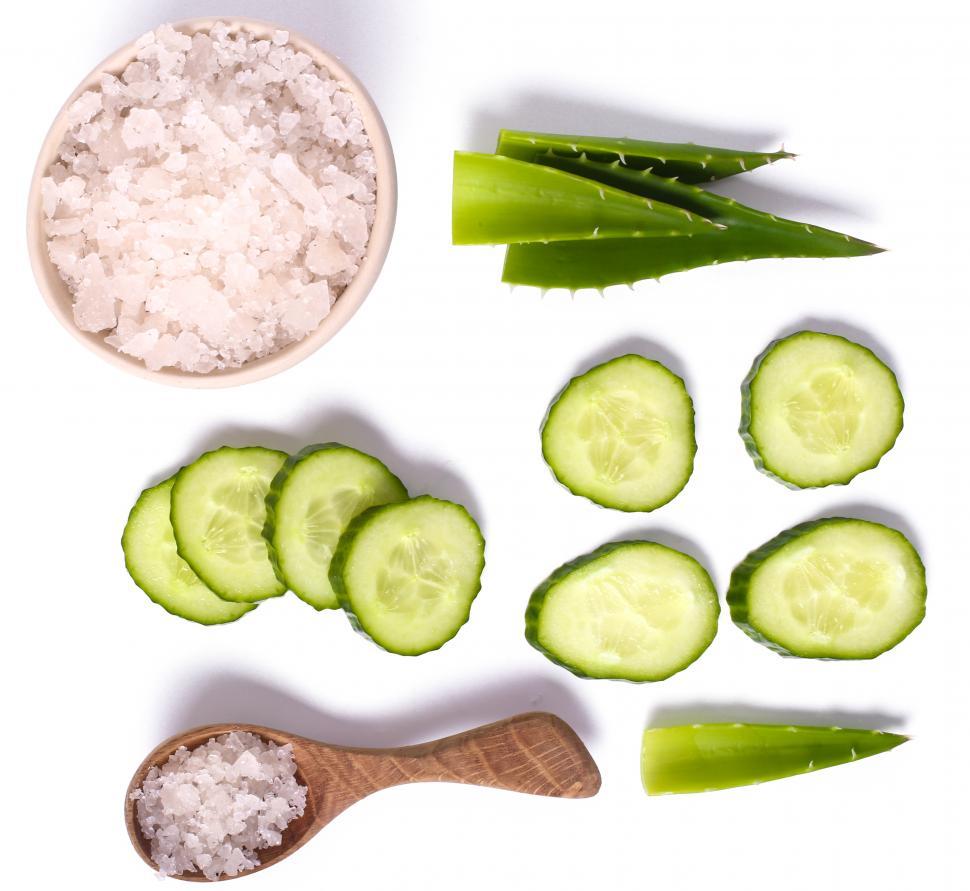 Free Stock Photo of Green cucumber, aloe vera and sea salt | Download