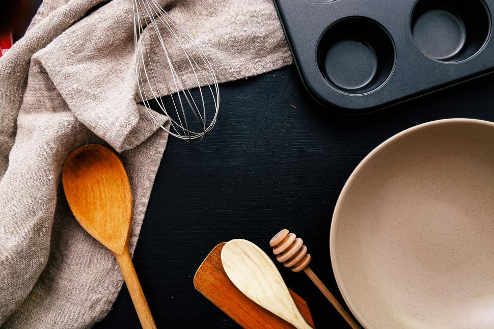 Kitchen utensils on work top, Stock image