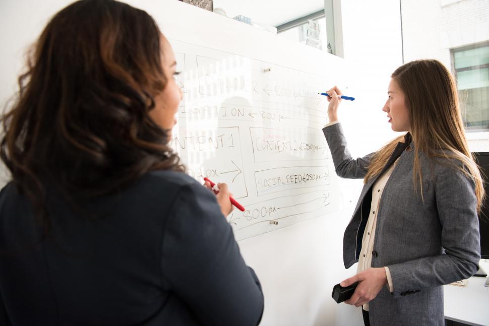 Free Image of Two business women with marker pen and whiteboard 