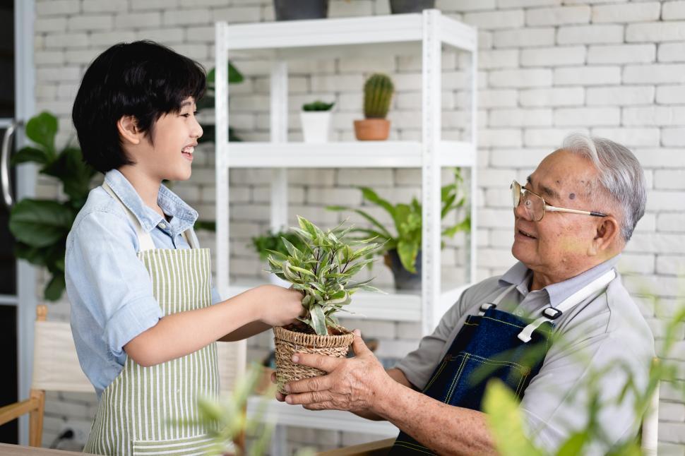 Free Image of Grandson and grandfather gardening together 