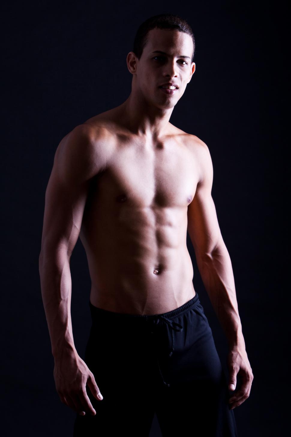 Man Fit Body. Closeup Sexy Fitness Male Body With Muscular Abs Stock Photo