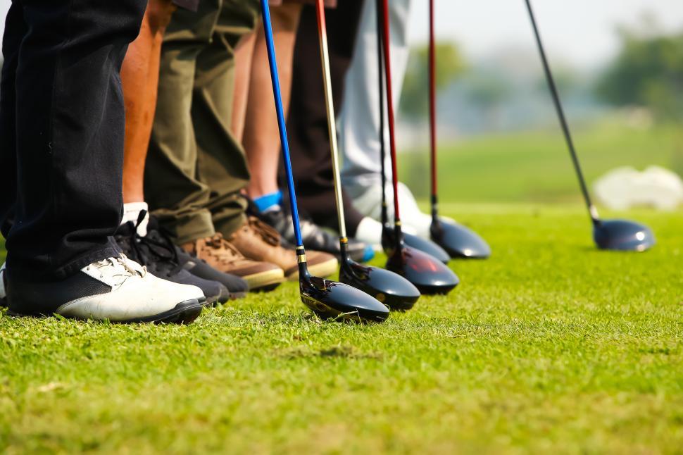 Free Stock Photo of golfer and Golf driver heads in a row on green ...