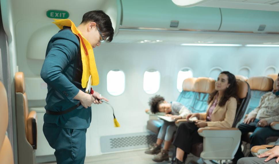 Free Image of Flight attendants show how to use safety devices during emergency 
