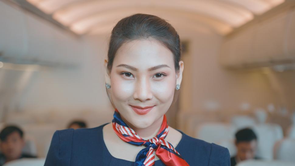 Free Stock Photo of Female member of the cabin crew is smiling onboard ...