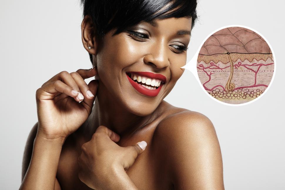 Free Image of illustration bubble showing structure of a skin on young woman 