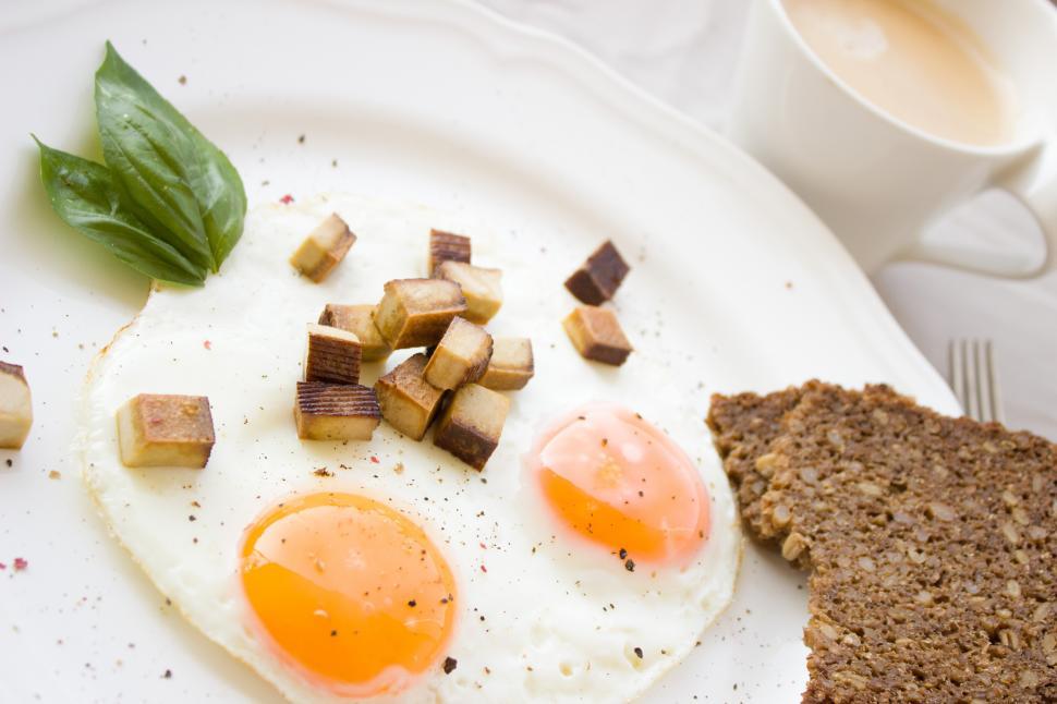 Free Image of A plate of food and a cup of coffee 