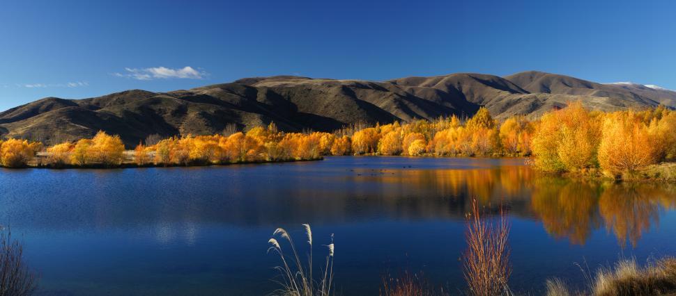 Free Image of A lake with trees and mountains in the background 