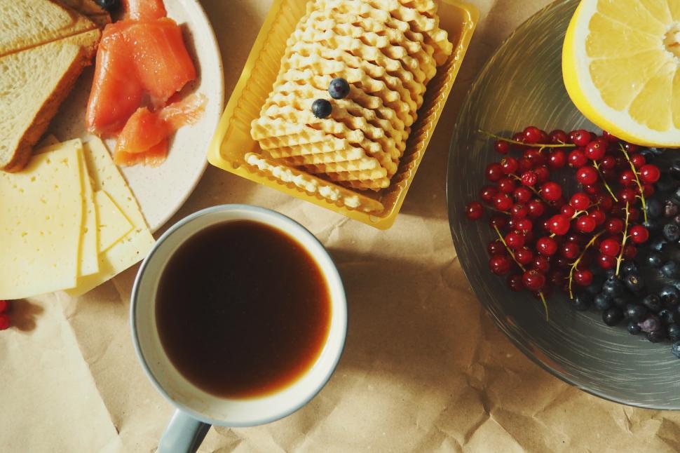 Free Image of A plate of food and a cup of coffee 