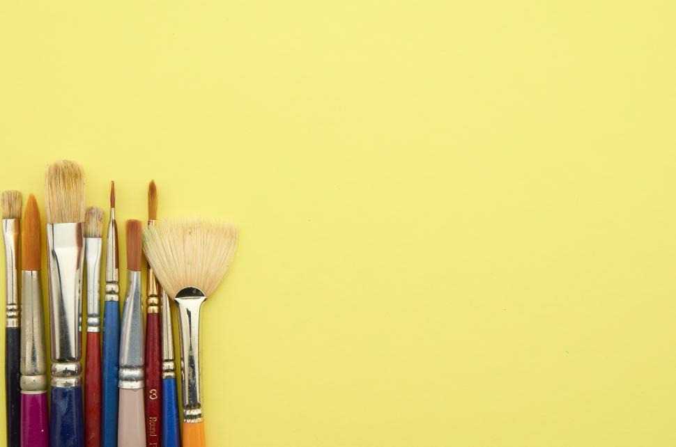 Artists Paintbrushes Green Yellow Background Mostly Stock Photo 1156236904