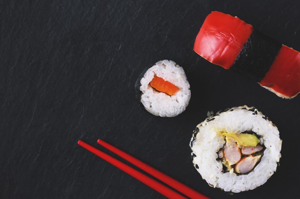 Assortment of Sushi Roll Set on a Black Tray. Japanese Food Stock