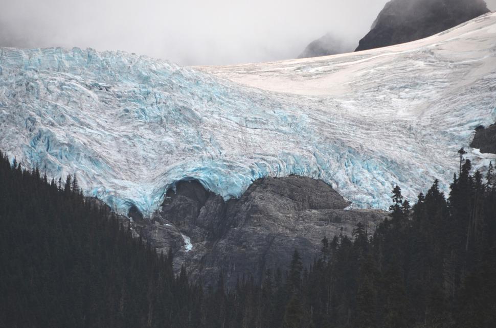 Free Image of A snowy mountain with trees and a glacier 