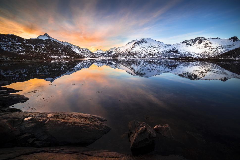 Free Image of A lake with snow covered mountains and a cloudy sky 