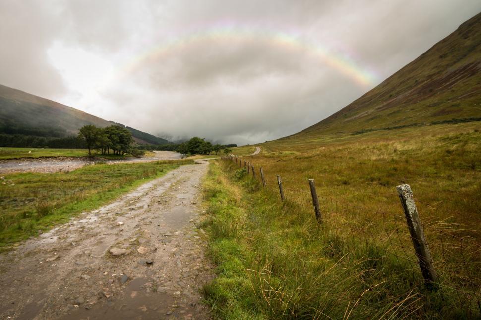 Free Image of A dirt road through a grassy field with a rainbow in the sky 
