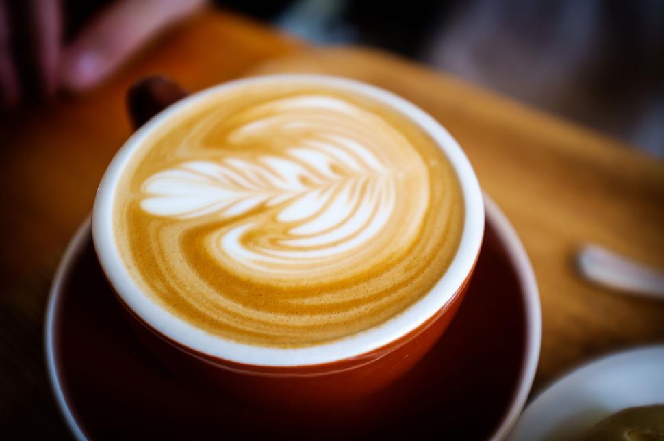 Free Image of A cup of coffee with a leaf design in the foam 