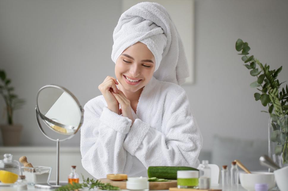Free Image of A woman in a white robe and towel on her head 