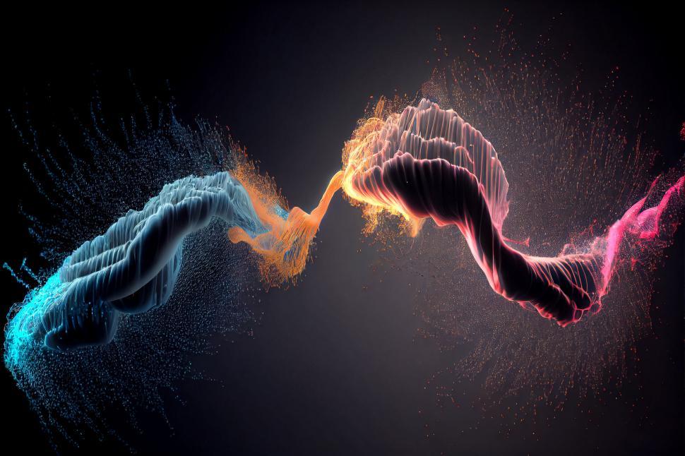Free Image of A colorful liquid swirls with orange and blue particles 