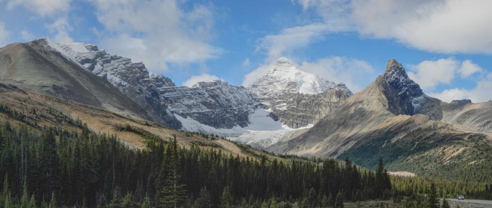 Free Image of Majestic snow-capped mountains and forest 