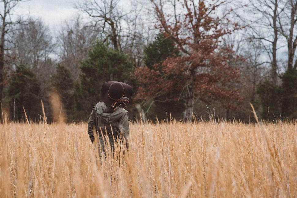 Free Image of Person in a field wearing a wide-brimmed hat 