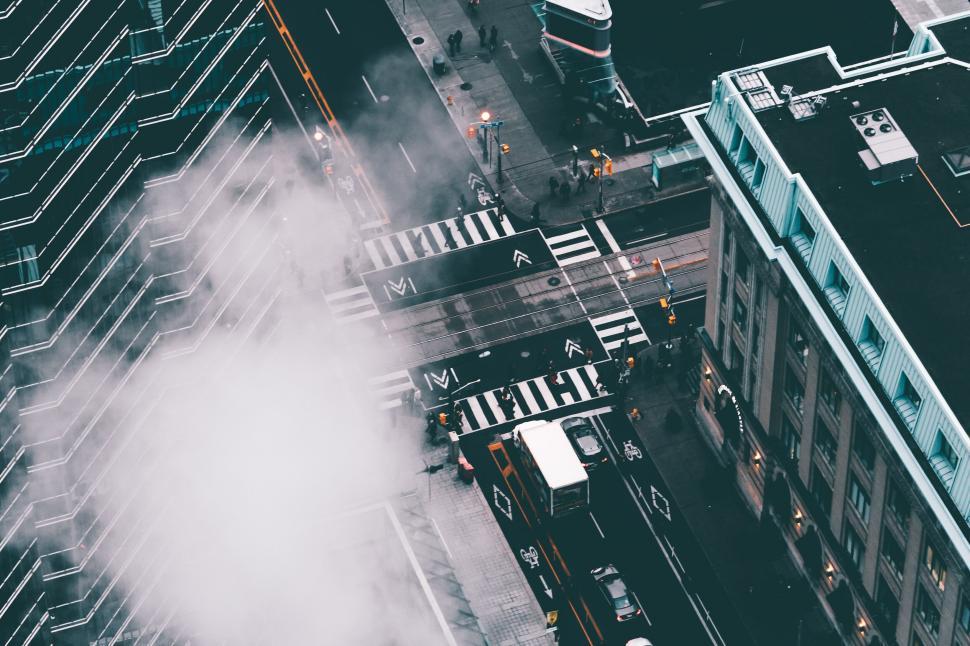Free Stock Photo of Aerial view of city street with rising steam ...