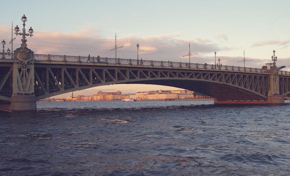 Free Image of Sunset view of bridge over river in cityscape 