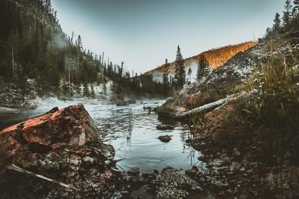 Free Image of Misty river landscape with autumn foliage 