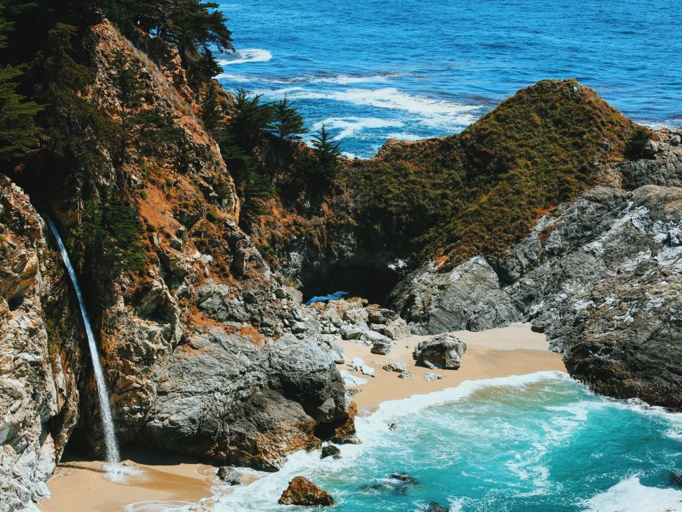 Free Image of Coastal waterfall meeting the ocean 