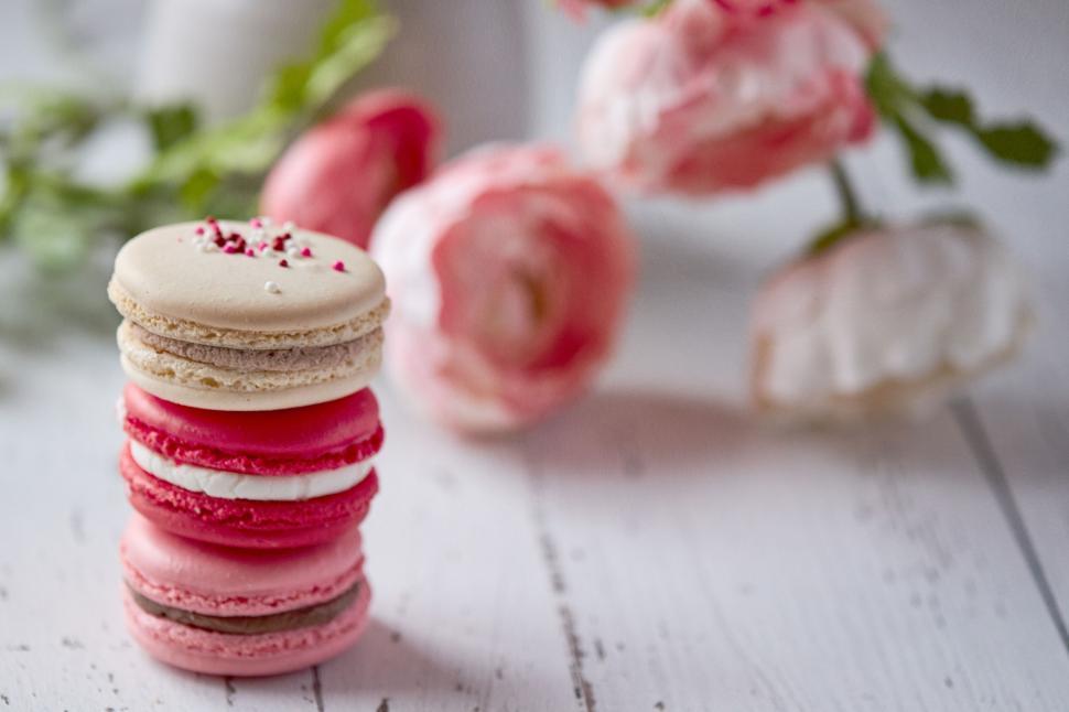 Free Image of Pink macarons with fresh roses nearby 