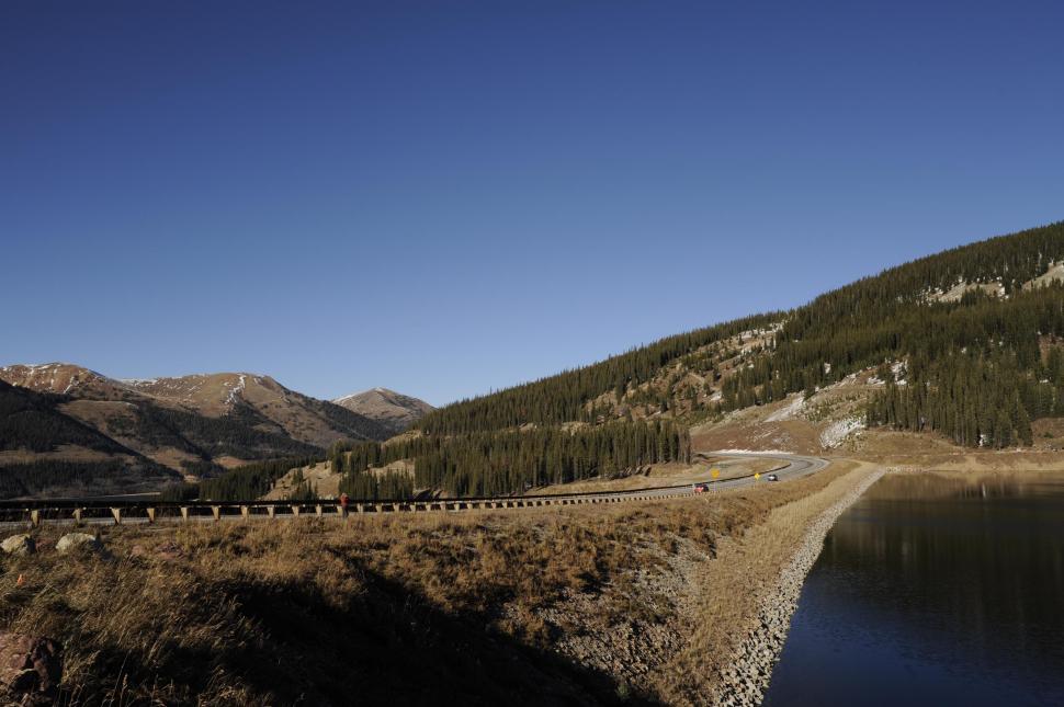 Free Image of Mountain Range with road and river  