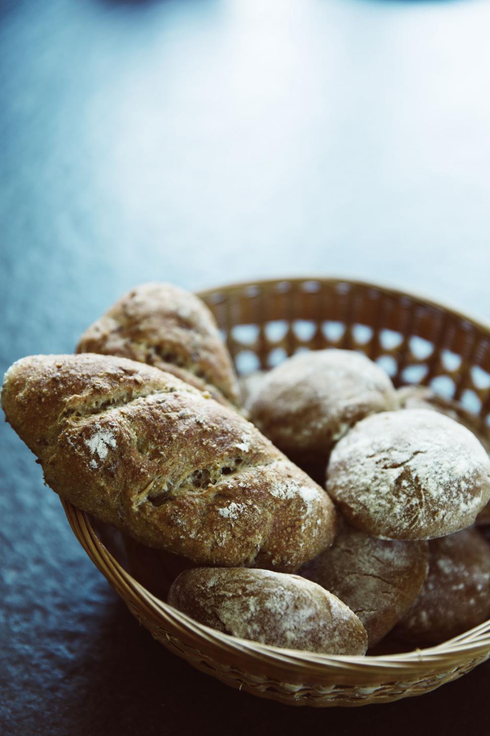 Free Image of Artisan bread in a rustic basket close-up 