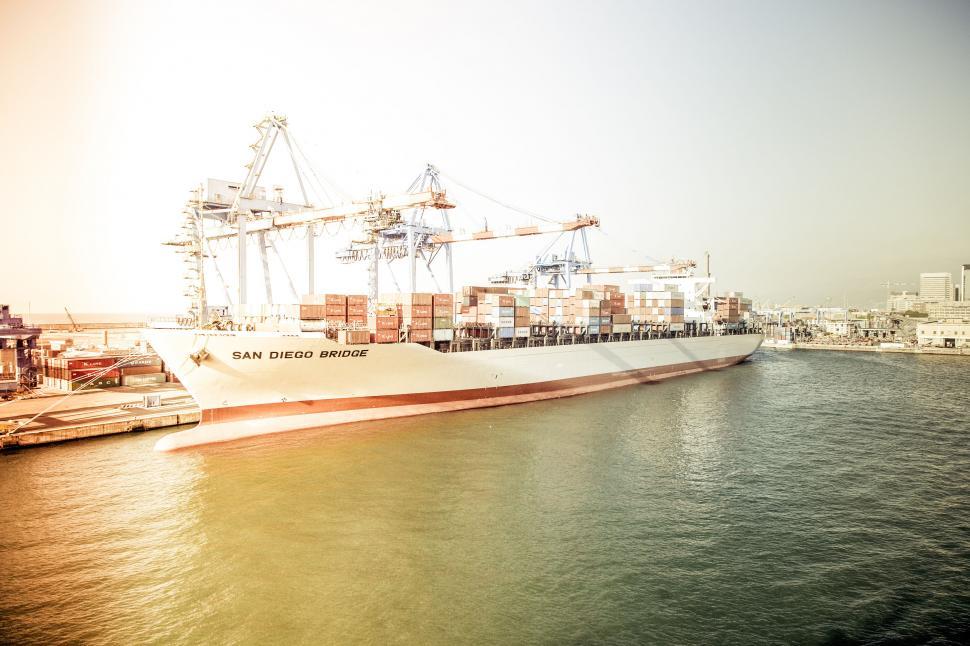 Free Image of Cargo ship loaded with containers at dock 