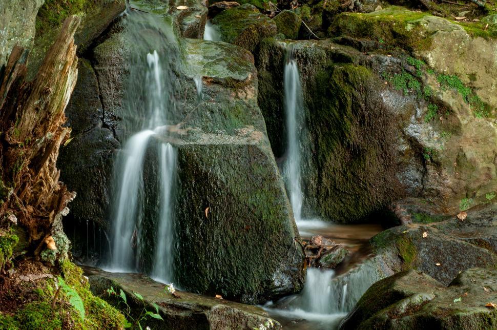 Free Image of Serene waterfalls flowing over forest rocks 