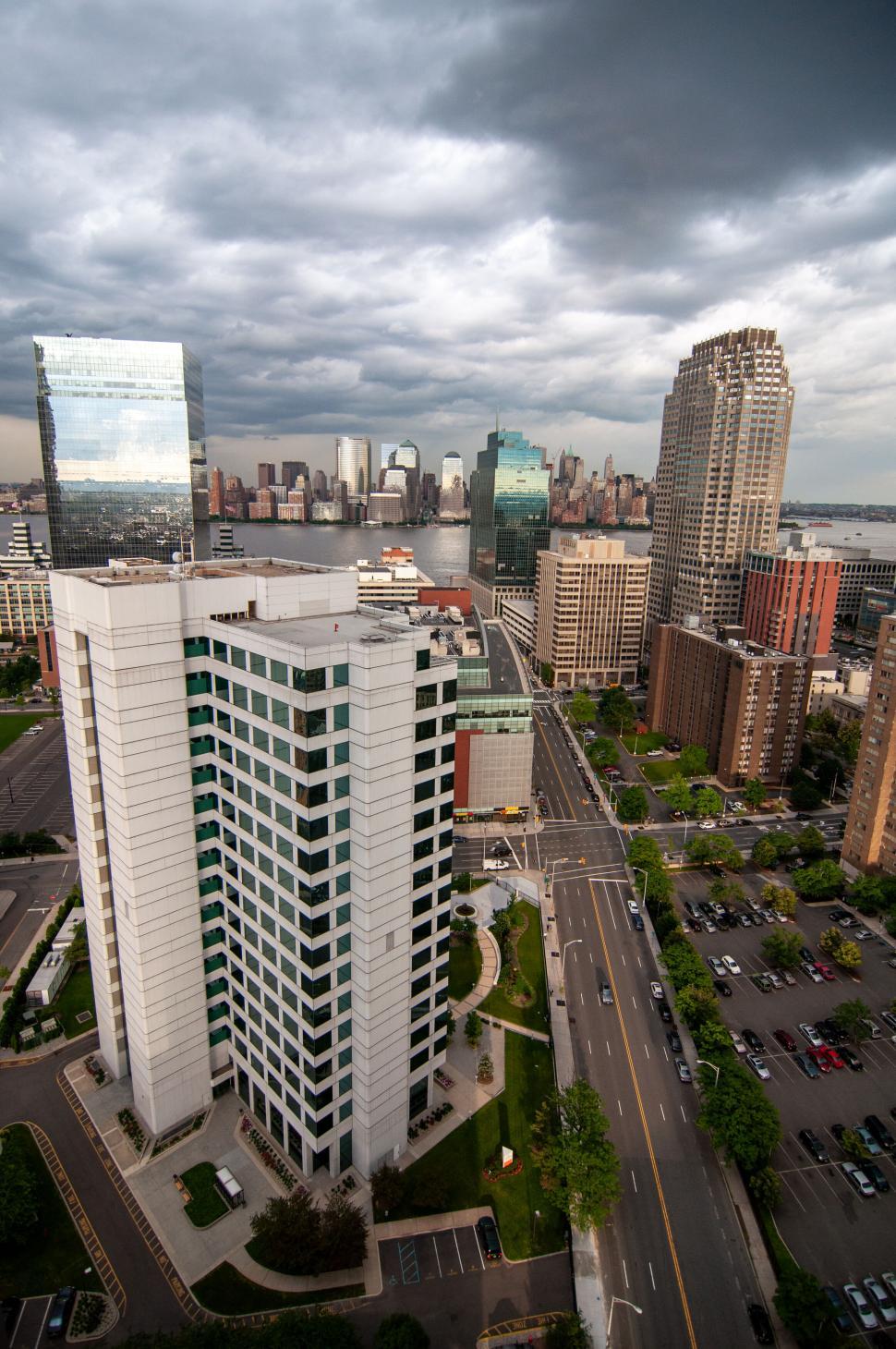 Free Image of Stormy city skyline from high angle 