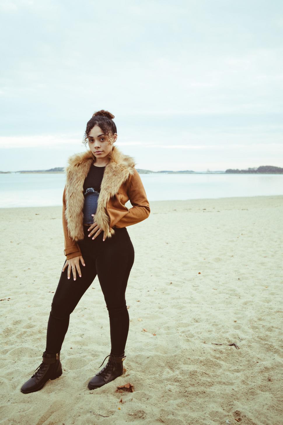 Free Image of Woman in coat on beach 