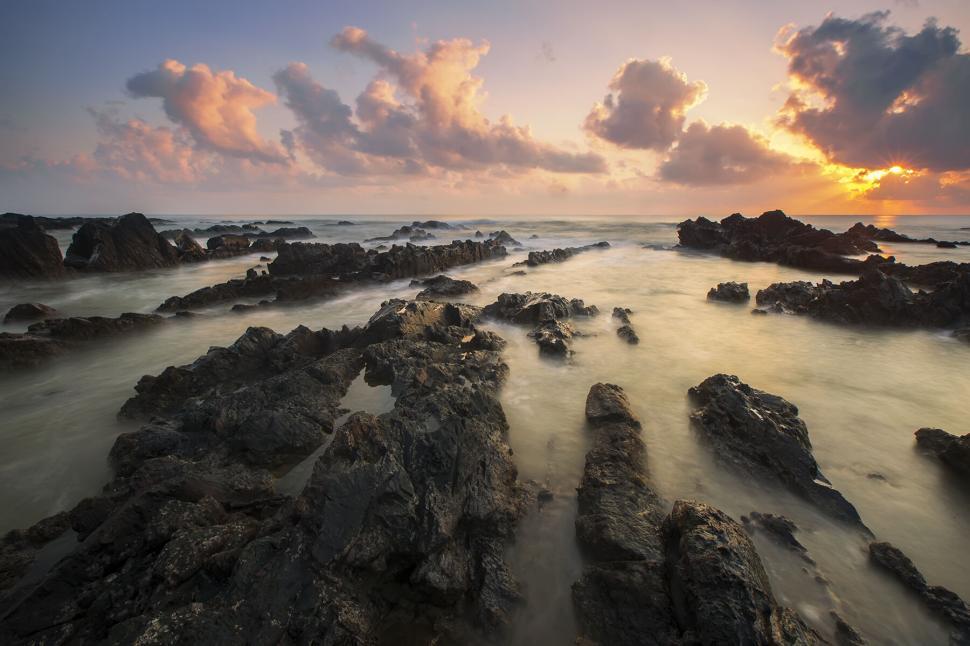 Free Stock Photo of Rocky shoreline at orange sunset with waves ...