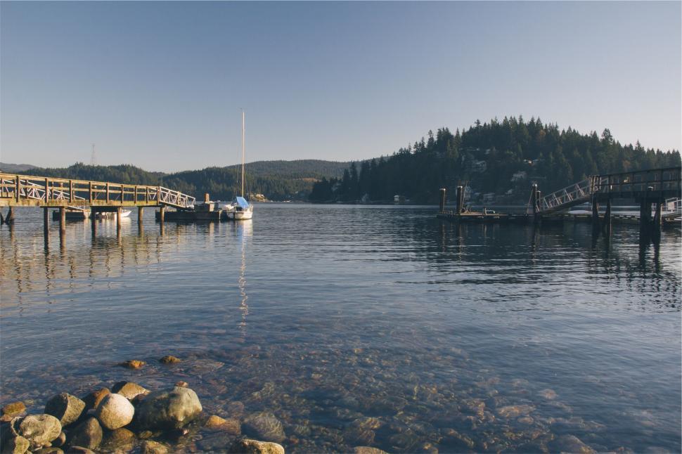 Free Image of Peaceful lakeside with dock and boat 