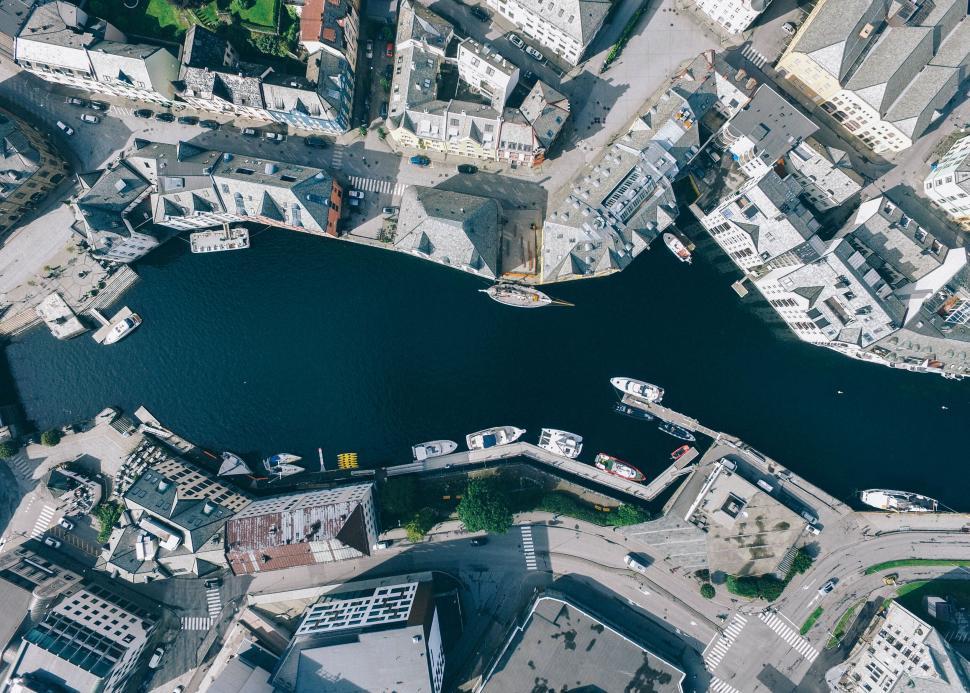 Free Image of Bird s eye view of cityscape with river 
